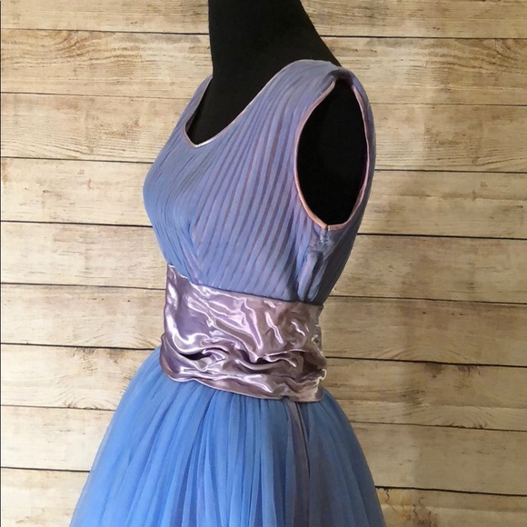 Vtg 50s Blue Party Dress Satin Chiffon - Picture 3 of 8